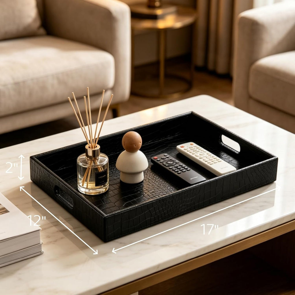 Black Serving Tray with Handles, Decorative Ottoman Tray in Alligator Faux Leather, 17x12 Inch Rectangular for Coffee