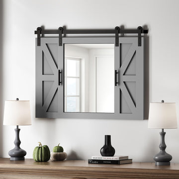 Farmhouse Barn Door Mirror - 37" x 26" Wall Mirror Rustic Grey