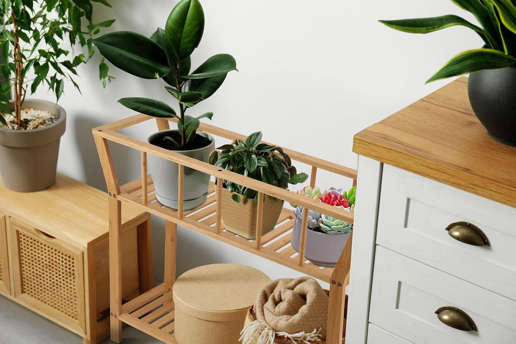 Bamboo Plant Stand Indoor 37.4"x11" 2 Tier Tall Organizer Shelf | Flower Pot Holder, Mid Century Modern Table