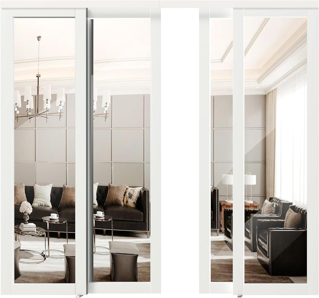 Double Sliding Closet Door, 96" x 80" (Double 48"), One Side Mirror, Complete Set with Hardware, Finished MDF, White - Ideal for Bedrooms, Closets