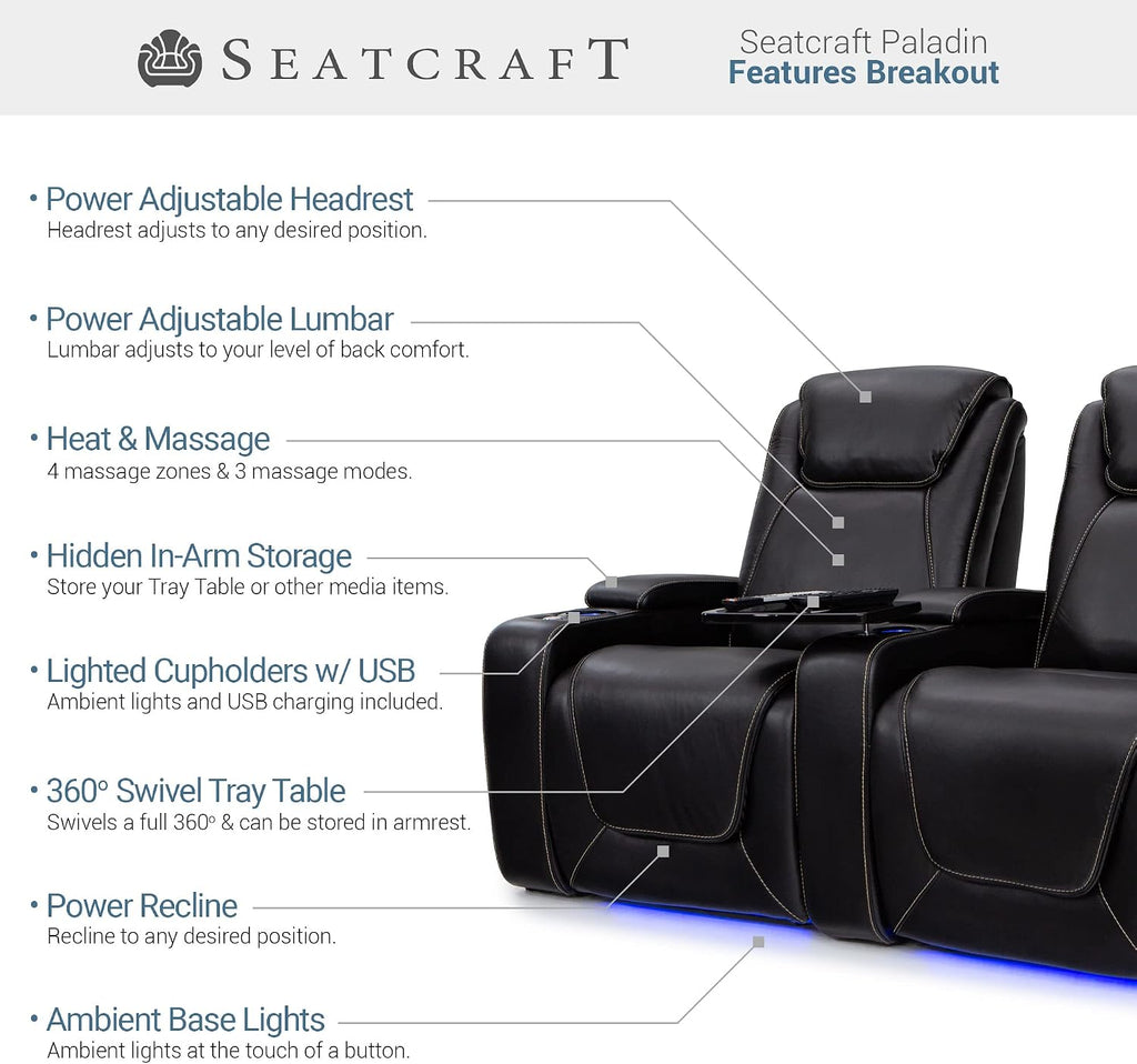 Paladin Home Theater Seating, Heat & Massage, Powered Headrest, Powered Lumbar, Italian Leather, Powered Recline