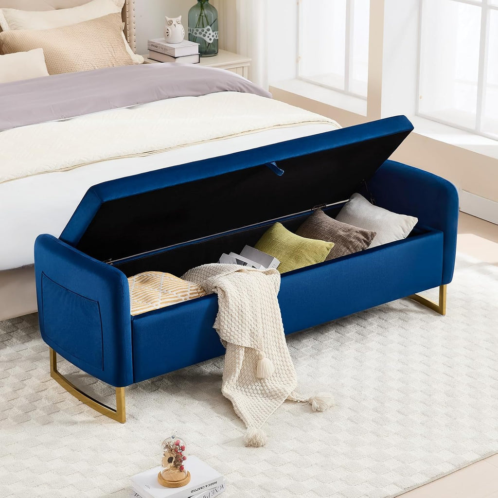 65" Storage Bench , Velvet End of Bed Bench, King Size Bed Benches for Foot with Tufted Button and Gold Legs