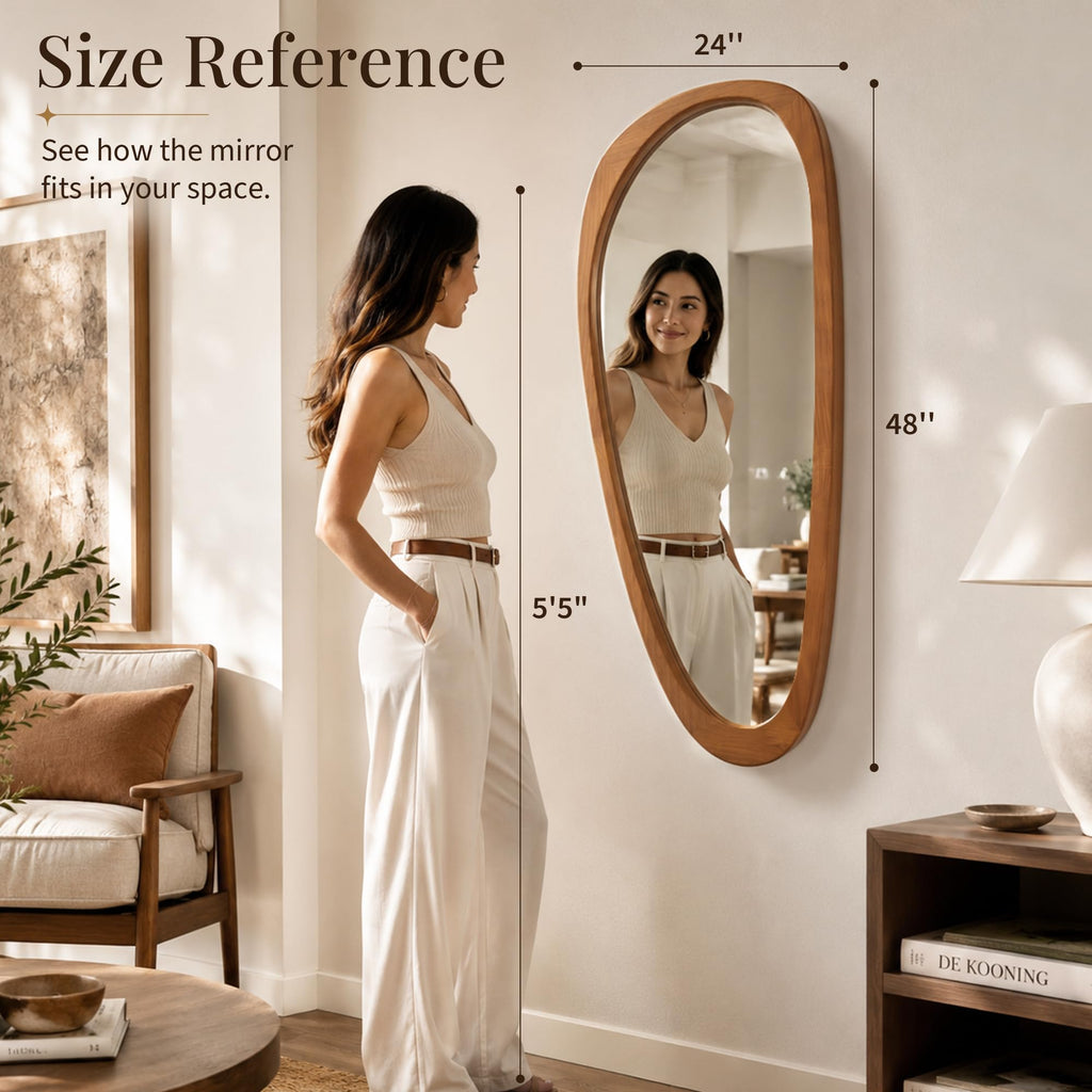 48x24 Inch Warm Walnut Large Irregular Solid Wood Wall Mirror