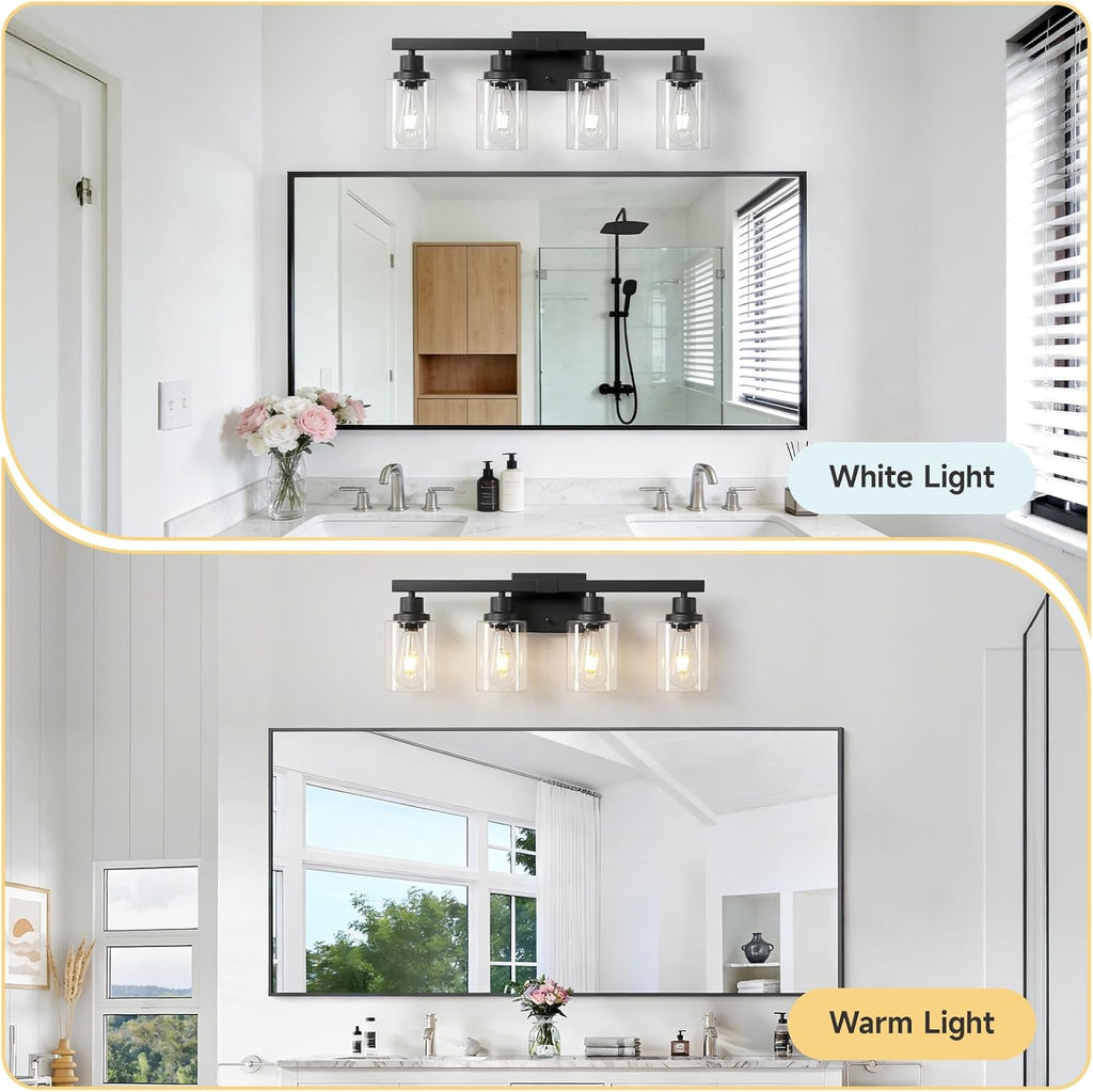 4-Light Bathroom Vanity Light, Modern Matte Black Wall Sconce Lighting with Clear Glass Shade, Bathroom Lighting