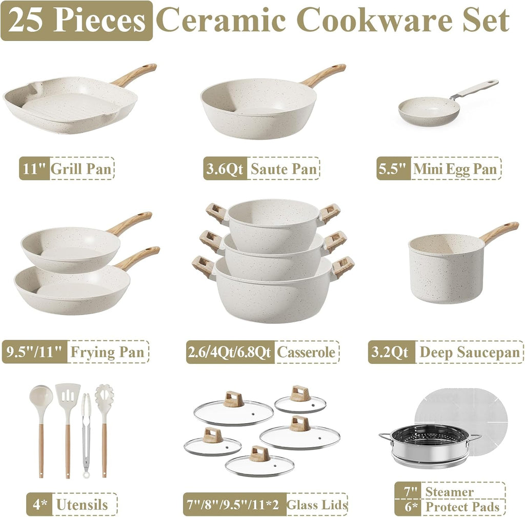 25Pcs Pots and Pans Set Non Stick, Titanium-Reinforced Ceramic Cookware Set Non Stick, Non Toxic PFAS-Free Induction