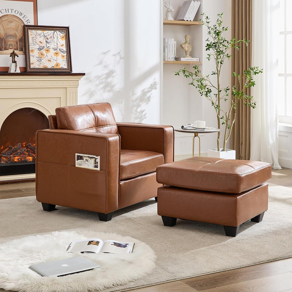 Modern Chaise Lounge Chair and Ottoman — Leather