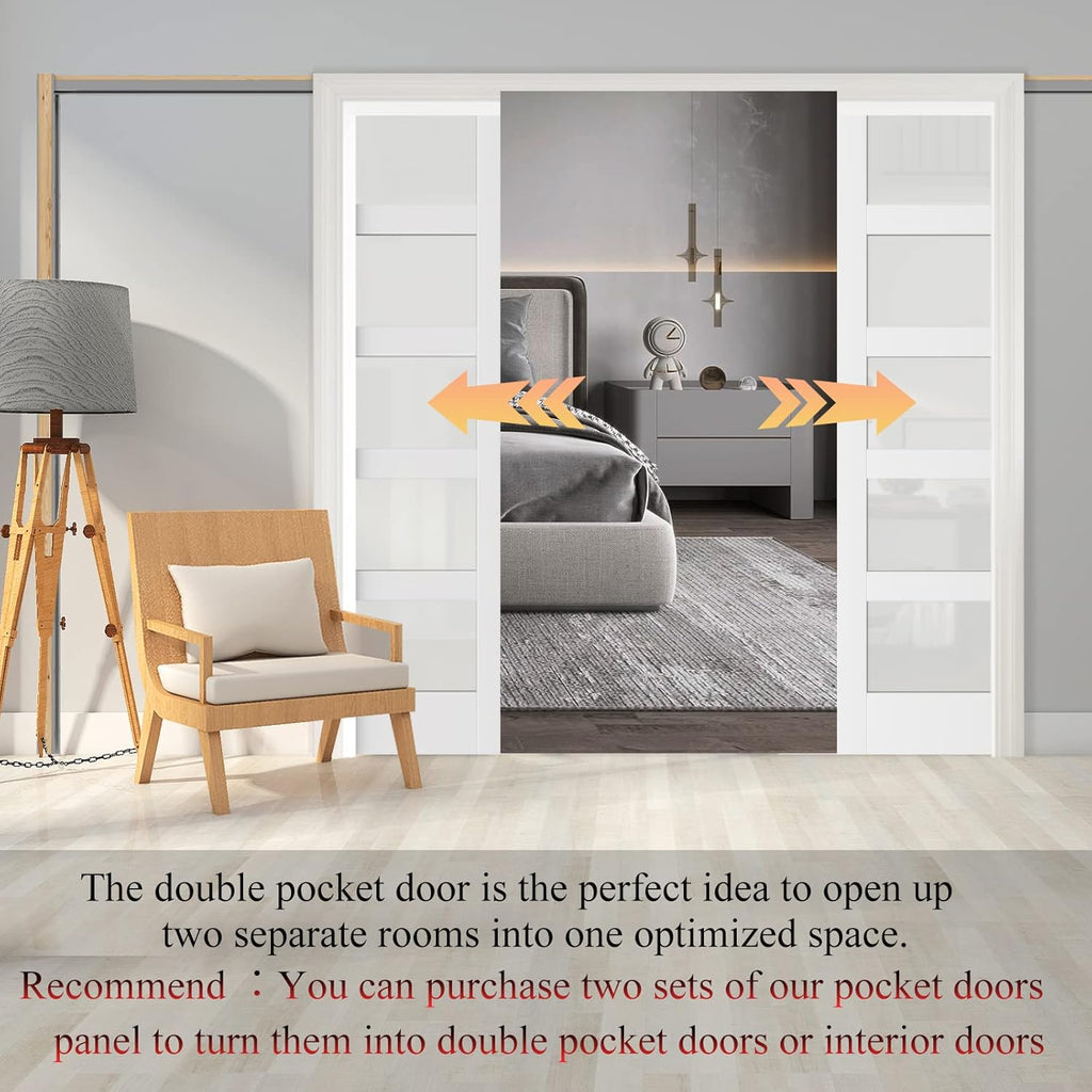 Sliding Pocket Door 32" x 80" - 5 Lites Tempered Frosted Glass Panels, Interior & Closet Single Door