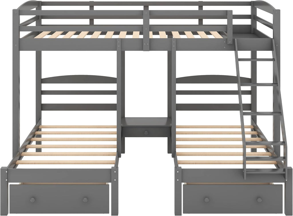 Full Over Twin Bunk Bed Frame,Triple Bunk Bed with Drawers, Gray