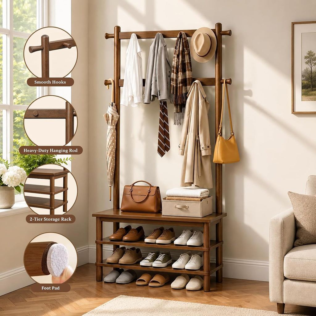 Hall Tree, 3-in-1 Entryway Bench with Coat Rack, 11 Hooks and 2-Tier Hall Tree with Shoe Storage Bench, Solid Wood
