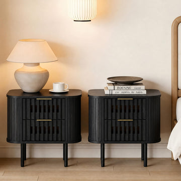 Fluted Nightstand, Modern Wooden End Table with 2 Drawer, Storage Bedside Table, Black, 2 Pack