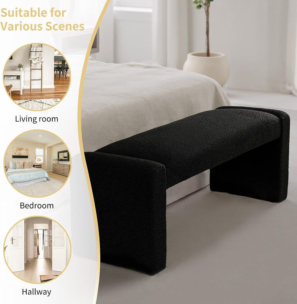 Black Entryway Bench with Solid Wood Frame, 47" Boucle Upholstered Bench | End of Bed Bench with Cushion Seat Ottoman