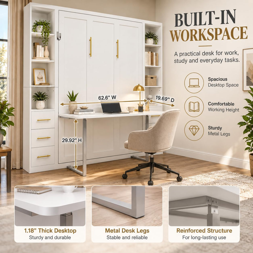 Murphy Bed with Desk Queen Foldable Wall Bed with Side Storage Cabinets