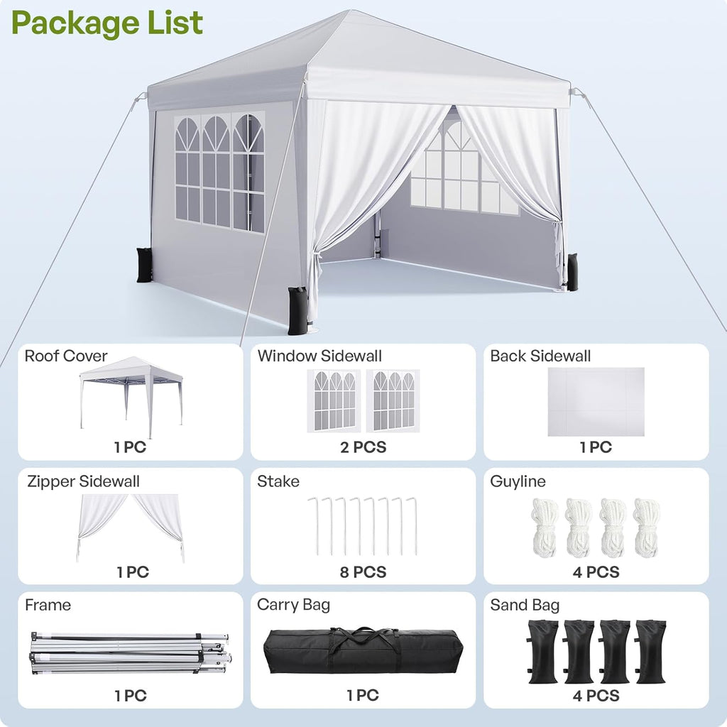 10x10 Pop Up Canopy with Sidewalls, Instant Portable Canopy Tent with Carry Bag Events, Camping, Parties - White