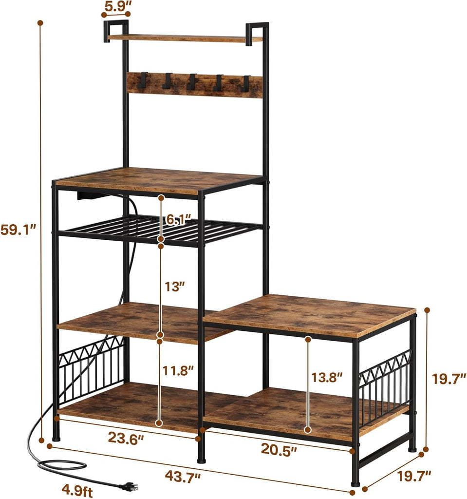 Kitchen Shelf Bakers Rack with Power Outlet, Mini Fridge and Microwave Stand Coffee Bar Table with S-Hooks, Storage