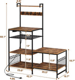 Kitchen Shelf Bakers Rack with Power Outlet, Mini Fridge and Microwave Stand Coffee Bar Table with S-Hooks, Storage