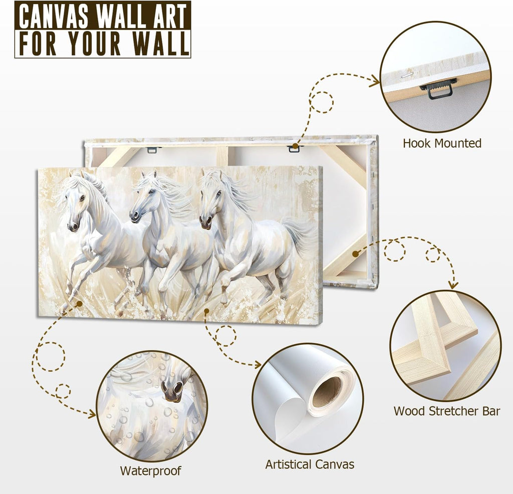Horses Canvas Wall Art - Large Running Wild Horses Pictures Animal Painting Prints Inspirational White Elegant