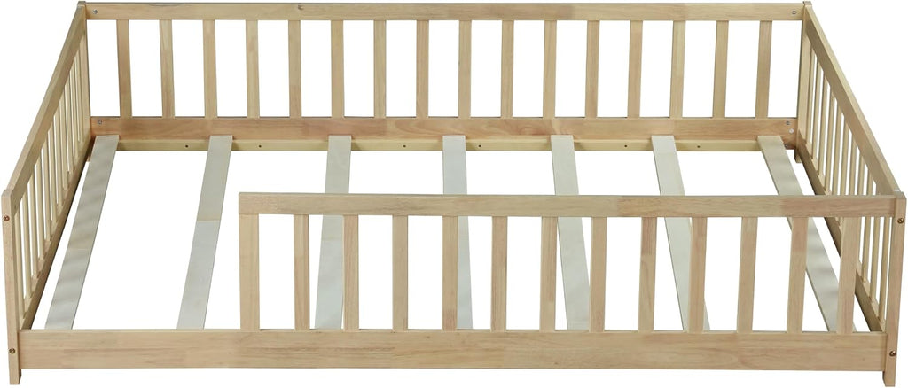 Full Size Montessori Bed Frame with Fence,Solid Wood Floor Bed with Slats for Kids,Boys,Girls,No Box Spring