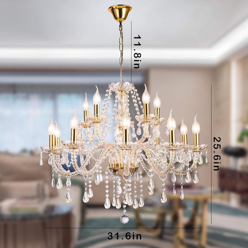 K9 Crystal Candle Chandeliers Lighting 15 Lights Pendant Ceiling Fixture Lamp for Dining Living Room Bedroom Hallway Entry Elegant Decoration (15 Bulbs)