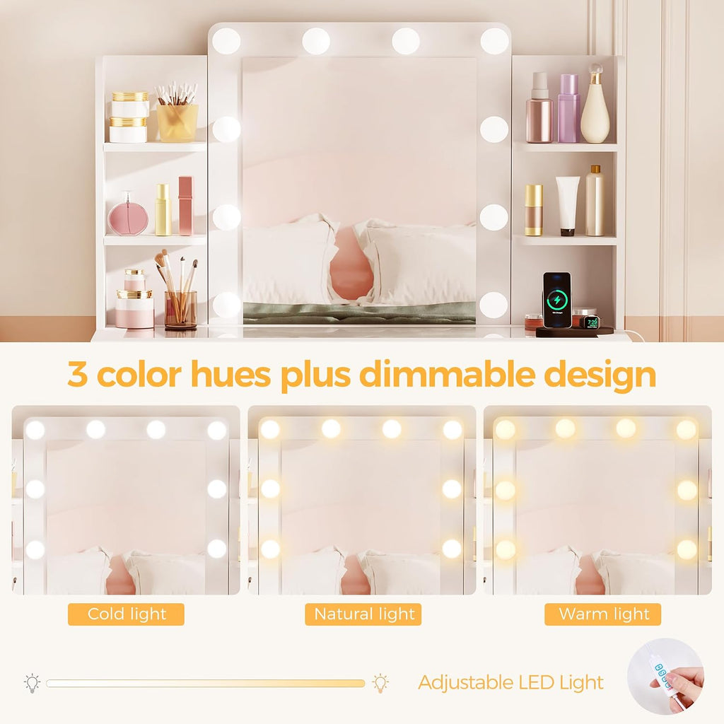 Large Vanity Desk with Mirror and Lights,Glass Top,9 Drawers | White Makeup Vanity Table with 4 Storage