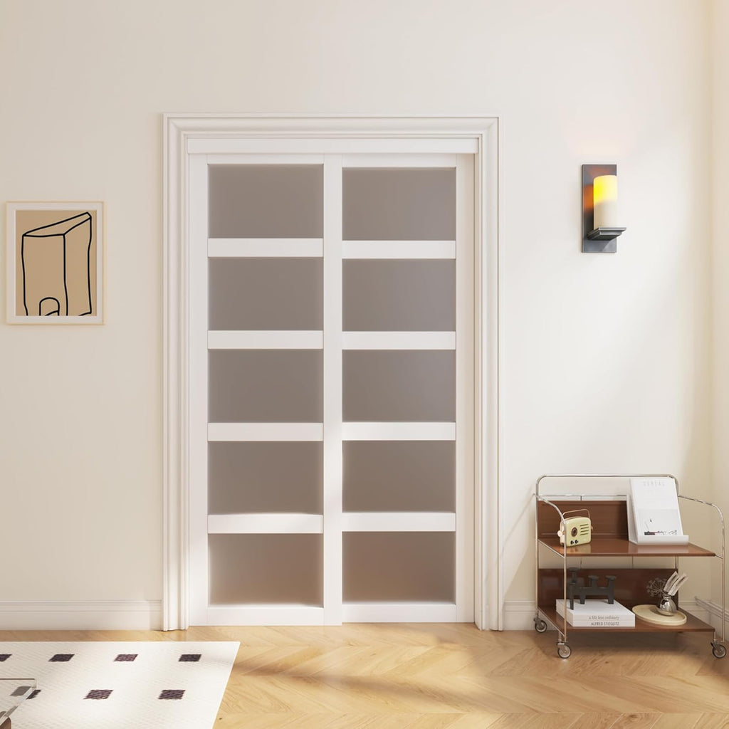 Sliding Closet Door, 5-Lite Frosted Glass Interior Door, 60"(Double 30") x 80" Closet Doors with Com