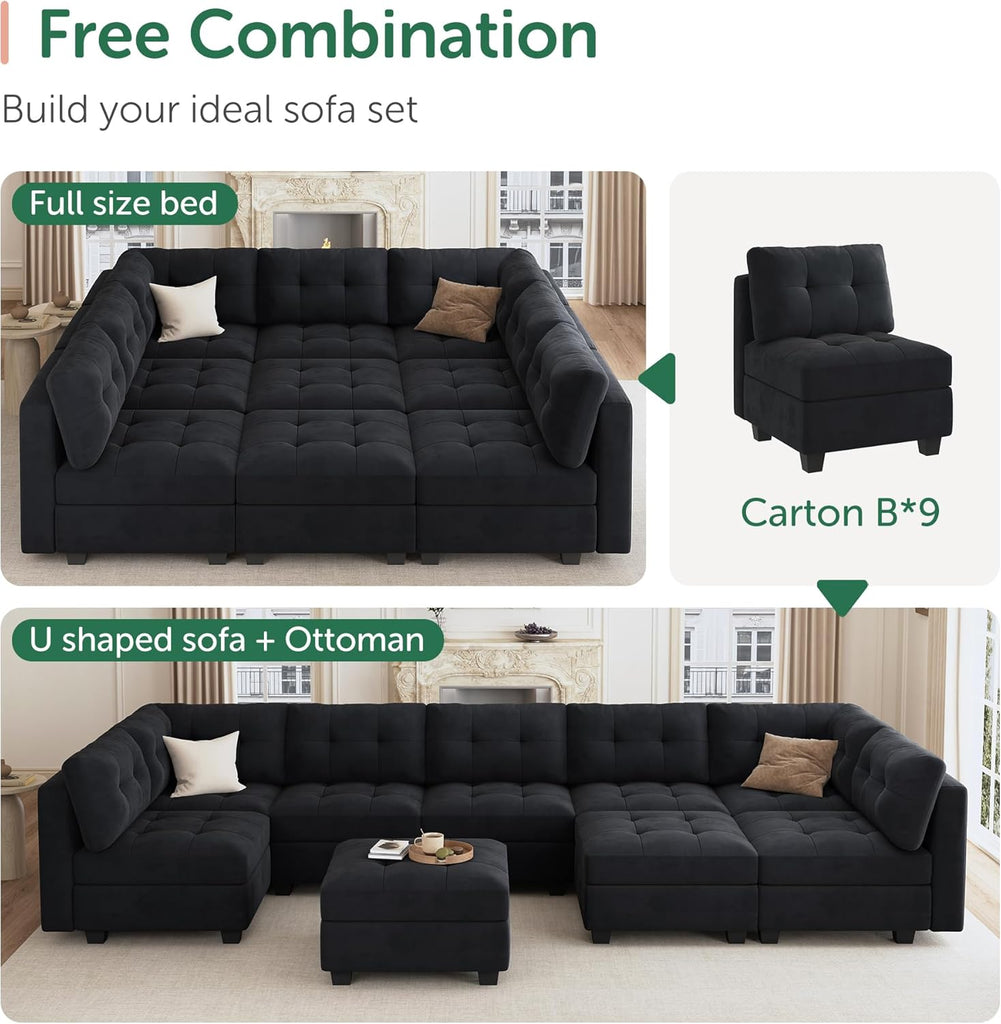 Sectional Couch with Storage, Modular Sectional Sofa, Velvet Couches for Living Room, Black