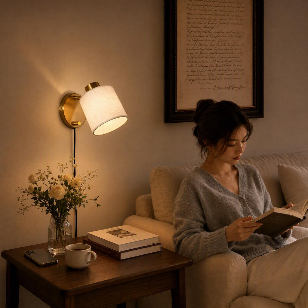 Plug-in Wall Sconce White Linen Shade Adjustable