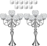 2 Pcs Wedding 5 Arm Crystal Silver Candelabra Table Centerpieces with 12 LED Light 21.5'' Tall Candle Holder Bowl