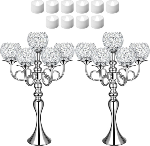 2 Pcs Wedding 5 Arm Crystal Silver Candelabra Table Centerpieces with 12 LED Light 21.5'' Tall Candle Holder Bowl