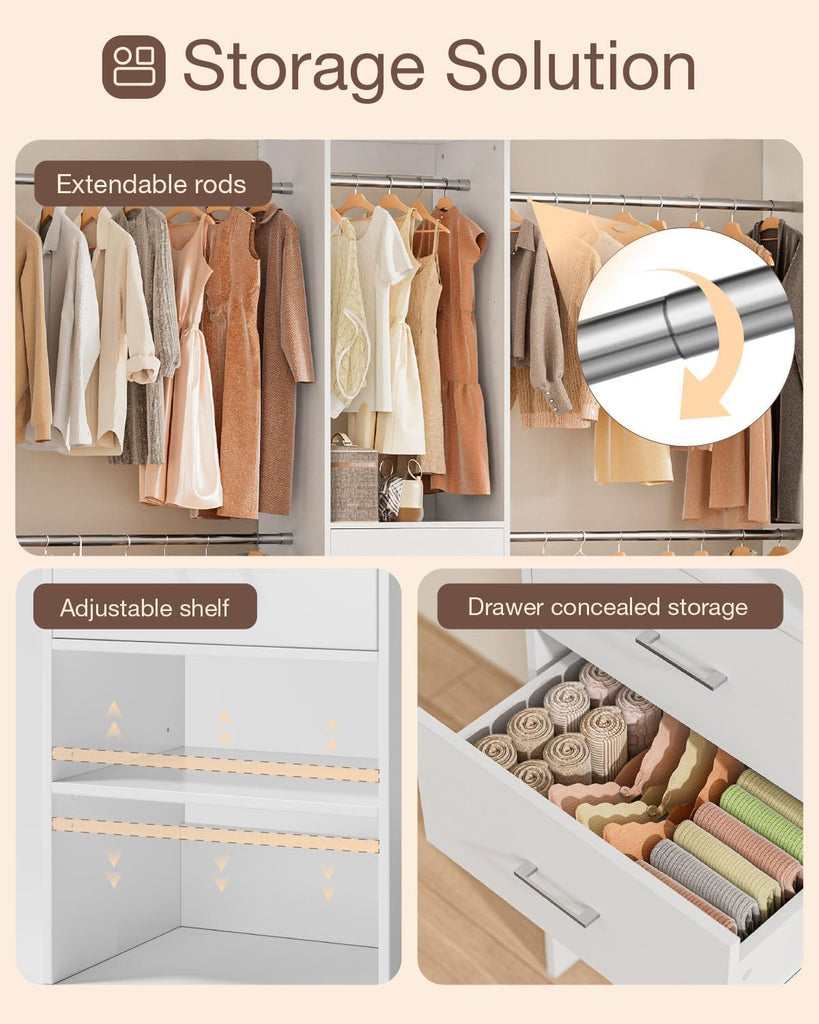 Closet System with Drawer, 5-8FT Closet Organizers System with 5 Adjustable Hanging Rods and Shoe Rack, Heavy Duty