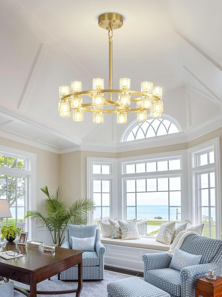 Inspired Arcachon Style Round Wagon Wheel Chandelier, 24" 24-Light Gold — Foyer, Dining & Living Room