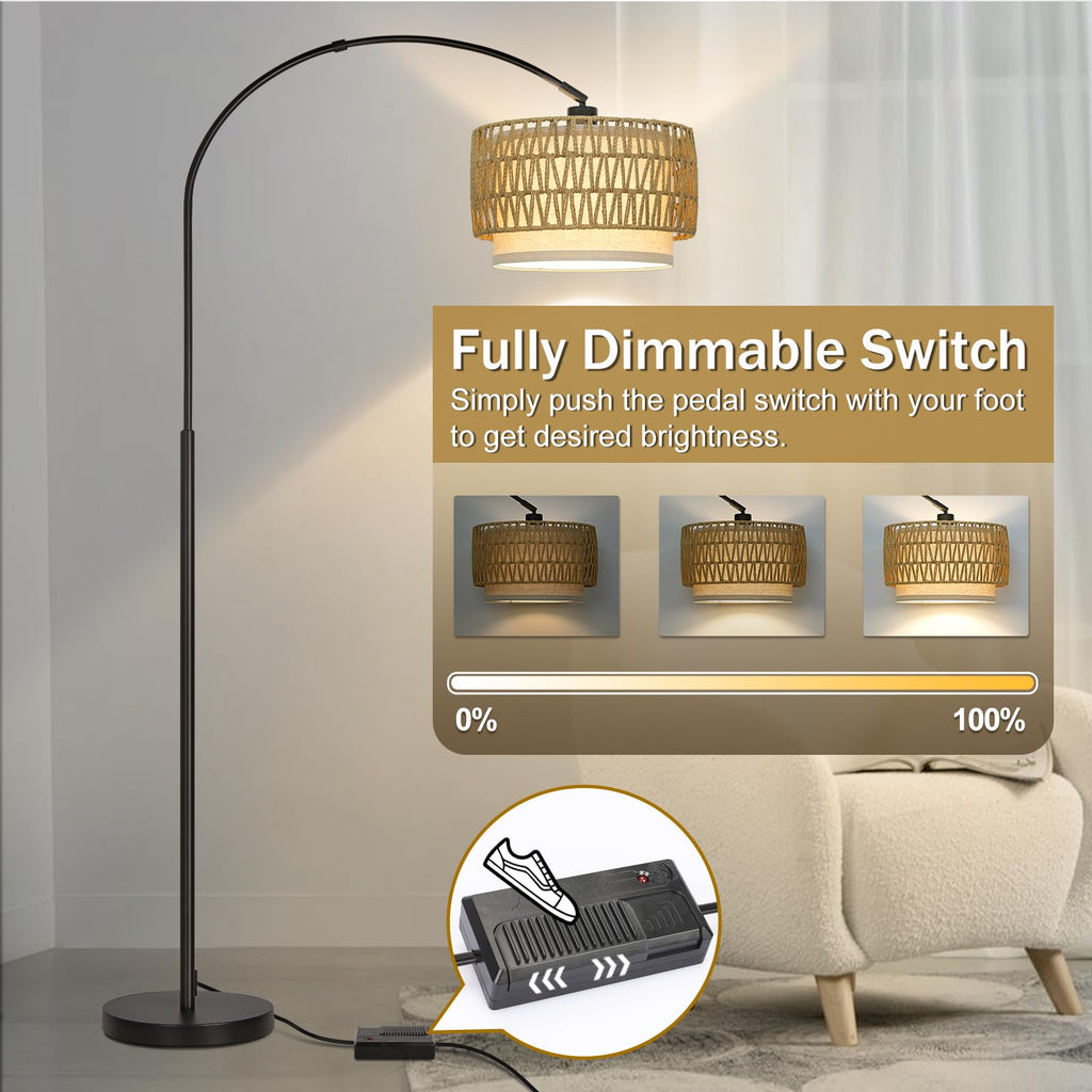 Rattan Floor Lamp, Dimmable Arc Floor Lamps with Adjustable Head