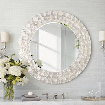 Capiz Shell Round Mirror, 30'' Coastal Mirror with Natural Capiz Seashell Frame, Decorative Circle Wall Mirrors
