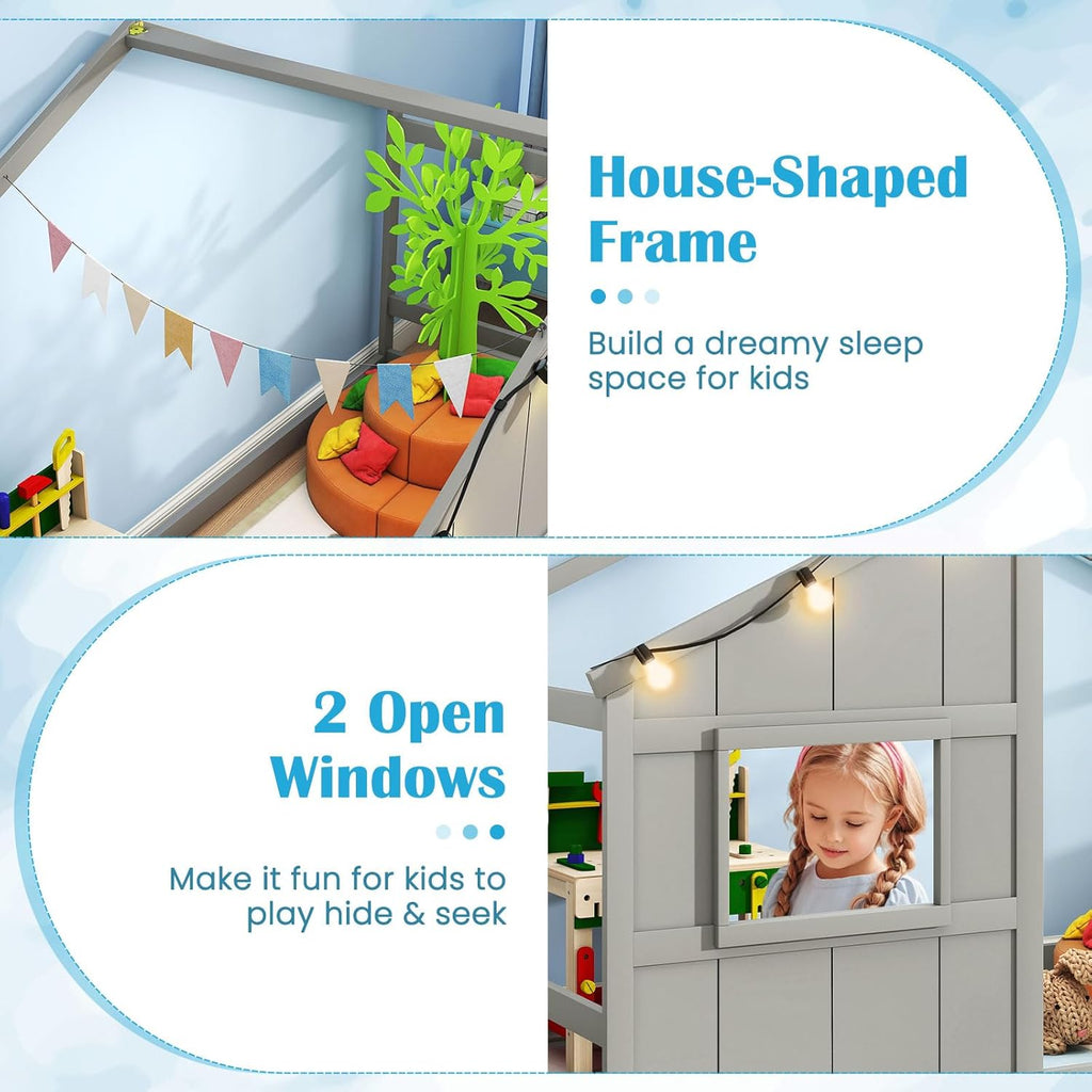 Twin Kids House Bed with Light Bulbs, Wooden Montessori Floor Bed Frame with Roof & Windows, Twin Floor Bed for Kids