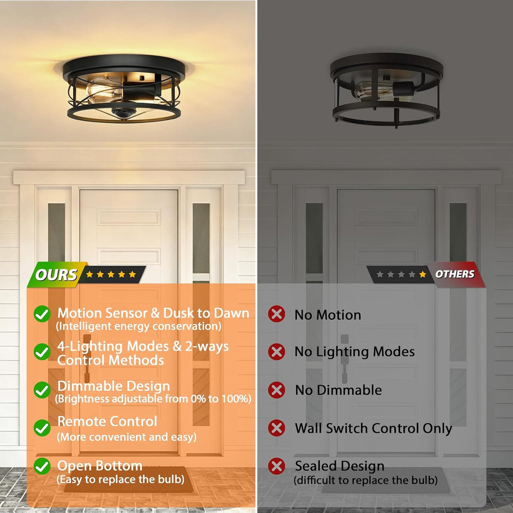 Motion Sensor Outdoor Ceiling Light, 2-Light Flush Mount Black Porch Light