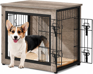 27.5in Wooden Dog Crate Furniture w/Cushion for Small Dogs, Gray