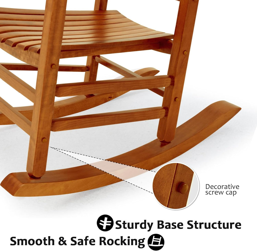Wooden Oversized Porch Rocker Chair with High Back and Armrest, All Weather Slatted Rocker for Backyard, Garden, 400