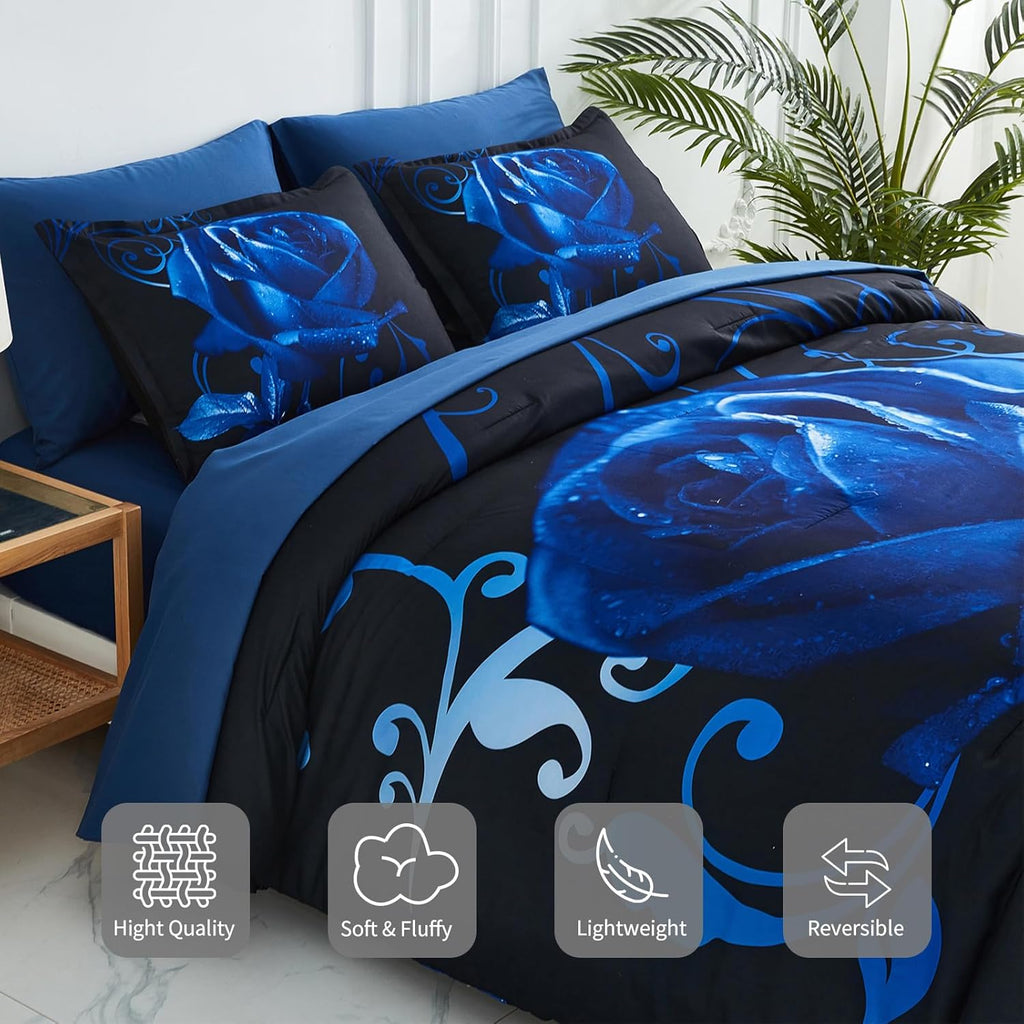 Blue Comforter Set 7 Piece Bed in a Bag Blue Rose Comforter with Sheet Set Soft Micorfiber Reversible