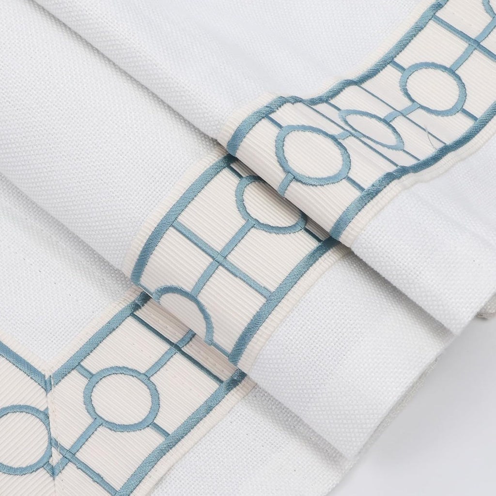 Cordless Roman Shades, Blackout Roman Shades, White Embroidered Blue Border Window Shades for Windows, Doors, Kitchen