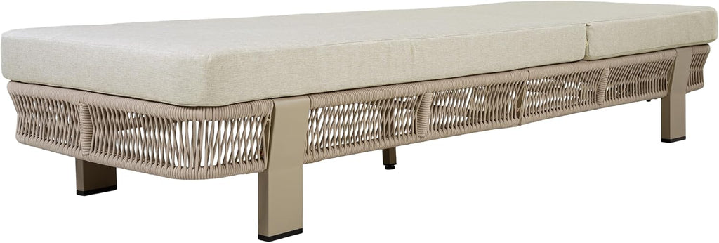 Outdoor Chaise Lounge with Water-Resistant Cushion, 400lbs Capacity, Beige | Metal & Rope Frame, Adjustable Backrest