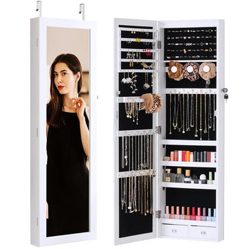 Jewelry Organizer Cabinet, 47.2-Inch Lockable Jewelry Armoire with Full-Length Mirror, Wall or Door-Mounted, Large