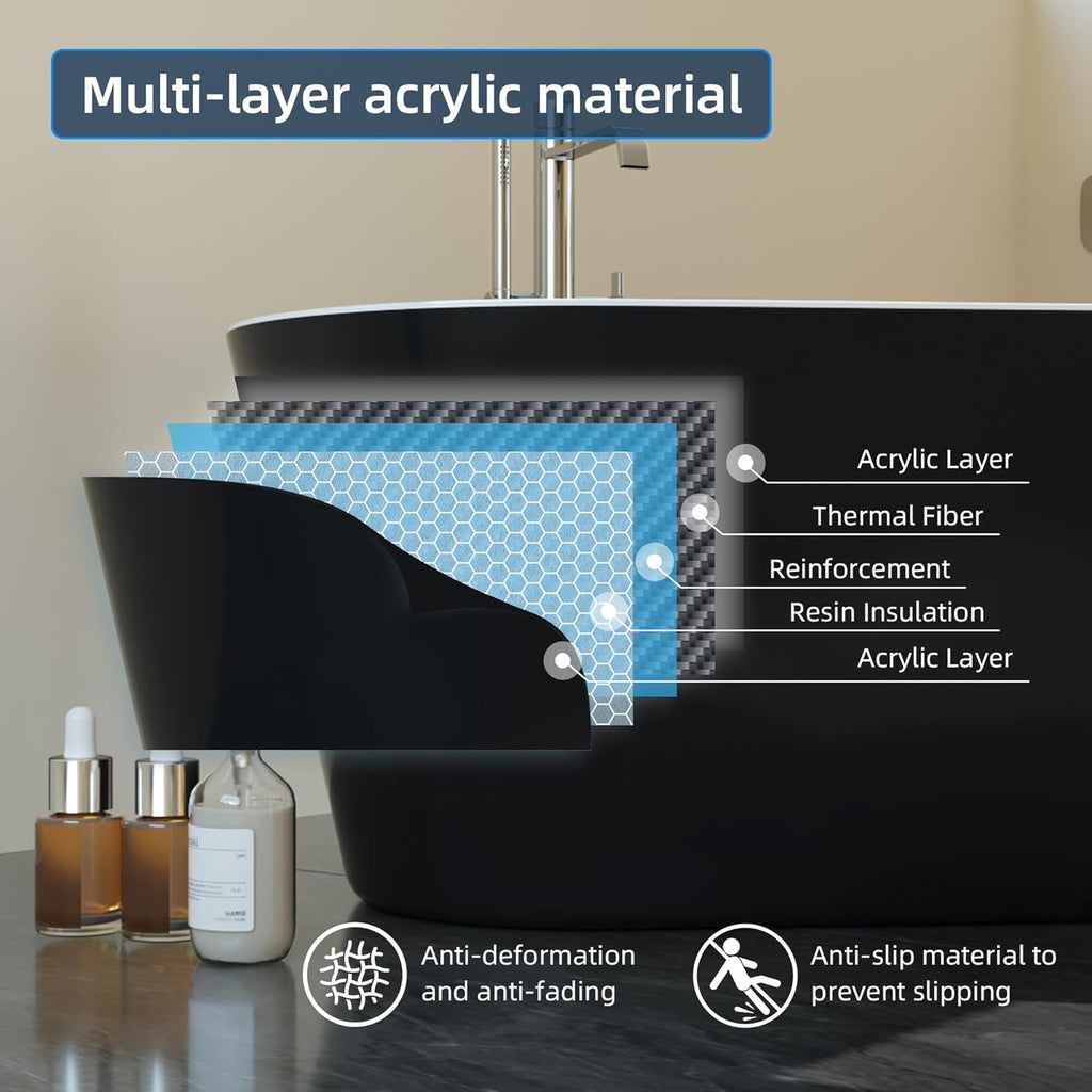 59 Inch Freestanding Bathtub, Acrylic, Deep Soaking Tub with Non-Slip Base, Modern Black Free Standing Tub for