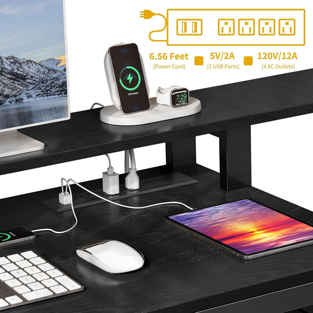 L Shaped Desk with Drawers, 65" Computer Desk with Power Outlets & LED Lights