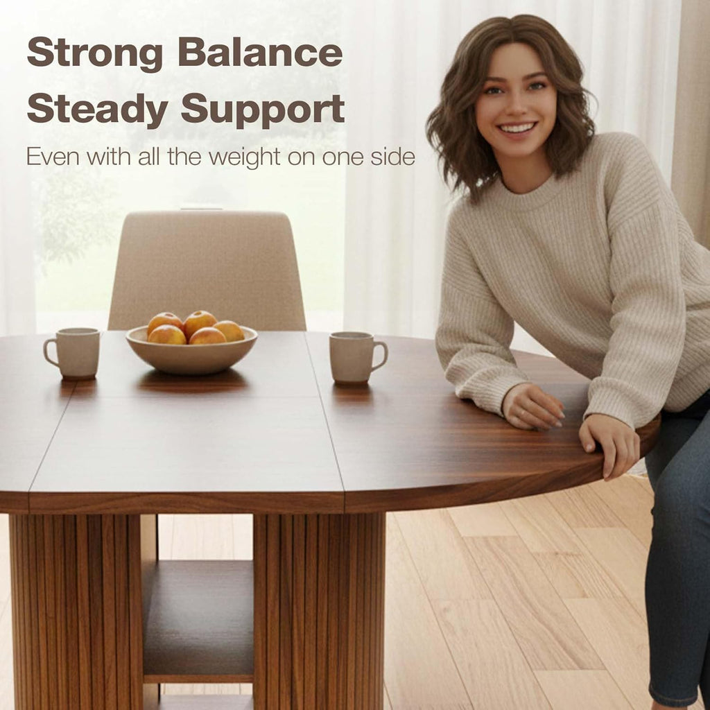 43.3'' - 59'' Extendable Round Dining Table for 4 - 8, Modern Wood Oval Kitchen Table with Storage Shelf