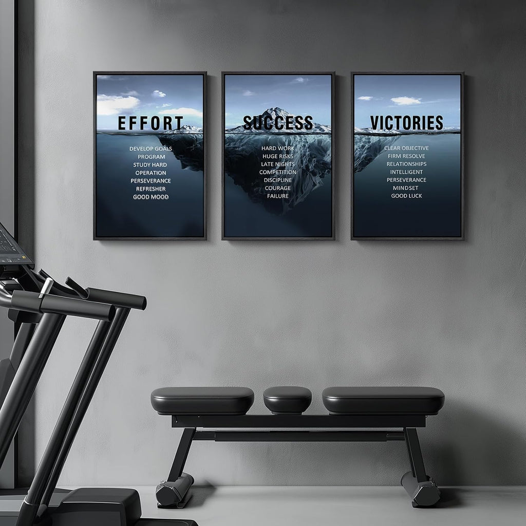 Framed Motivational Wall Art Decor, Set of 3 Inspirational Modern Iceberg Canvas Wall Art Prints, Navy Blue Positive