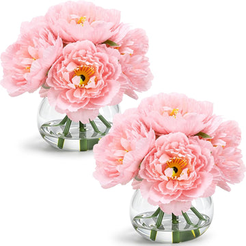 Pink Peonies Faux Flowers in Vase, Silk with Faux Water - Set of 2