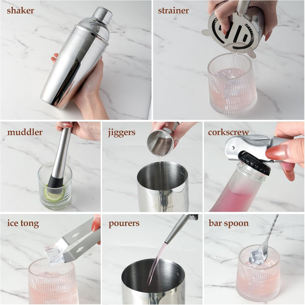 23-Piece Cocktail Shaker Set with Stand, 304 SS, Bartender Kit Gift - Set of 23