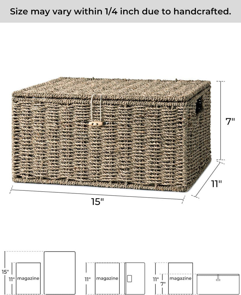 Seagrass Wicker Baskets for Organizing, Large Wicker Basket with Lid, Decorative Basket with Built-in Handles