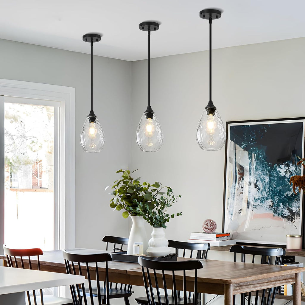 Glass Pendant Lights Kitchen Island, 1-Light Modern Black Pendant Light Fixtures with Hammered Glass and Rods, Small
