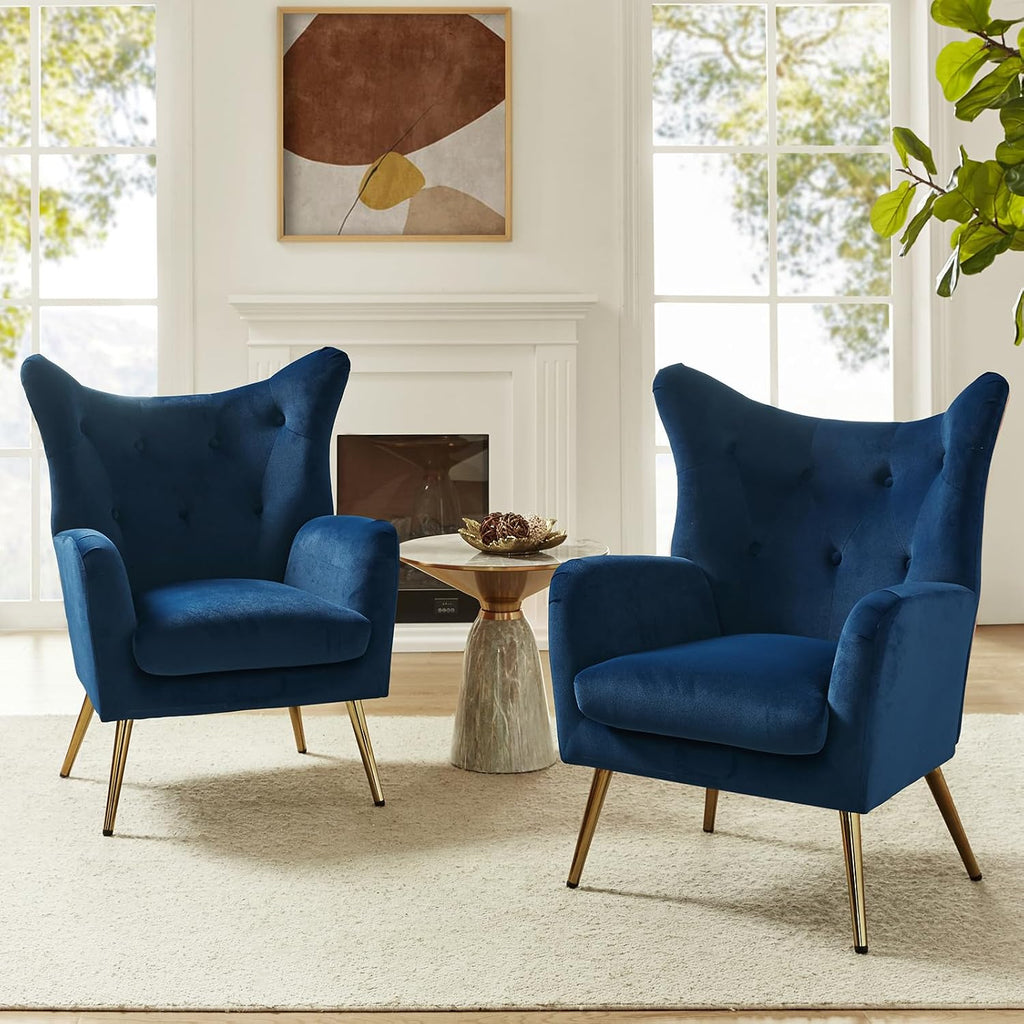 Velvet Accent Chair, Modern Wingback Arm Chair with Metal Gold Legs, Velvet Tufted Upholstered Single Sofa Chair