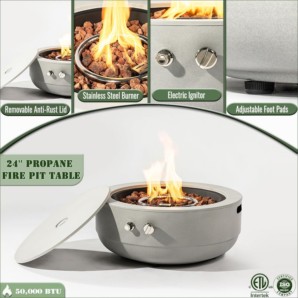 24 Inch Propane Fire Pit Bowl, 50000 BTU Round Steel Gas Fire Pit with Lid, Portable Outdoor Fire Table
